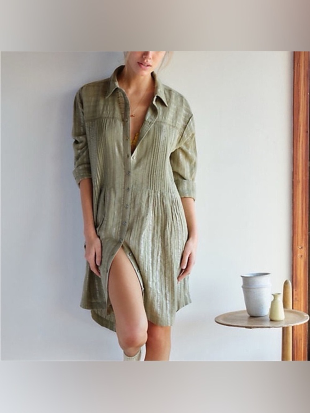 Anthropologie Pin Tuck Tshirt Dress Green Size XS oversized